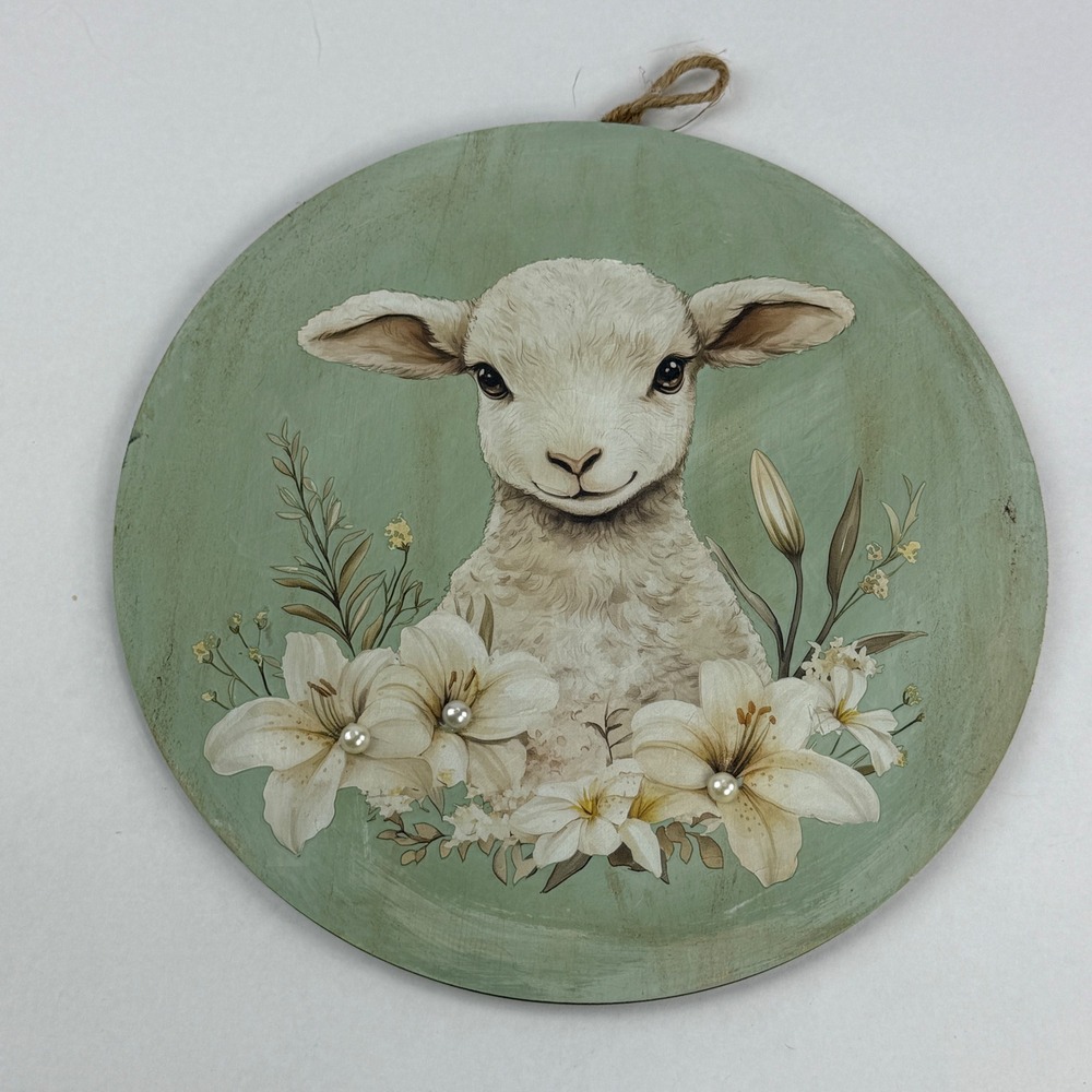 Round Wood Lamb Wall Plaque Sage Green Floral Lily Faux Pearl Decor 9.75 Inch